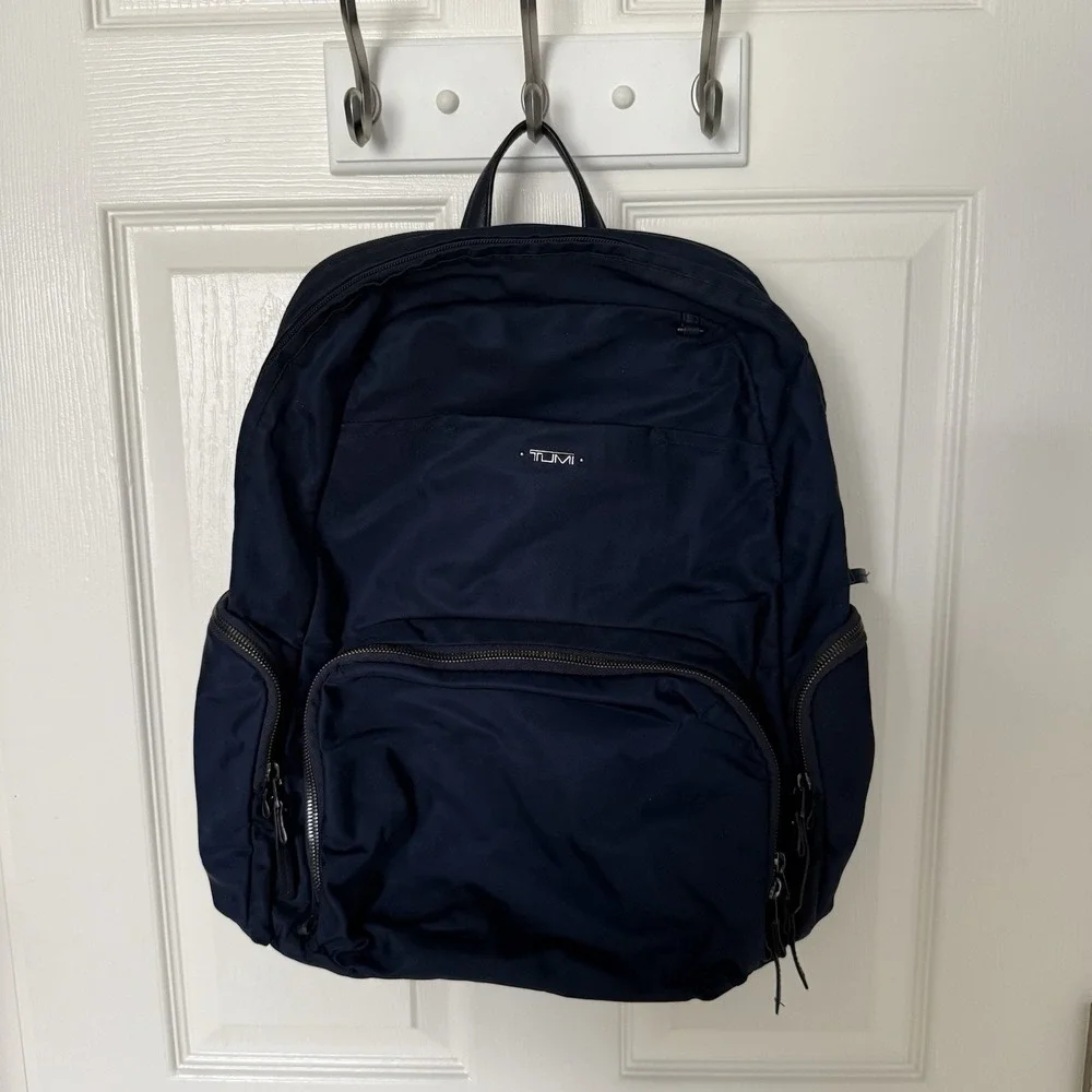 TUMI Navy Blue Nylon Silver Medium Backpack Book Bag Work Commuter Bag